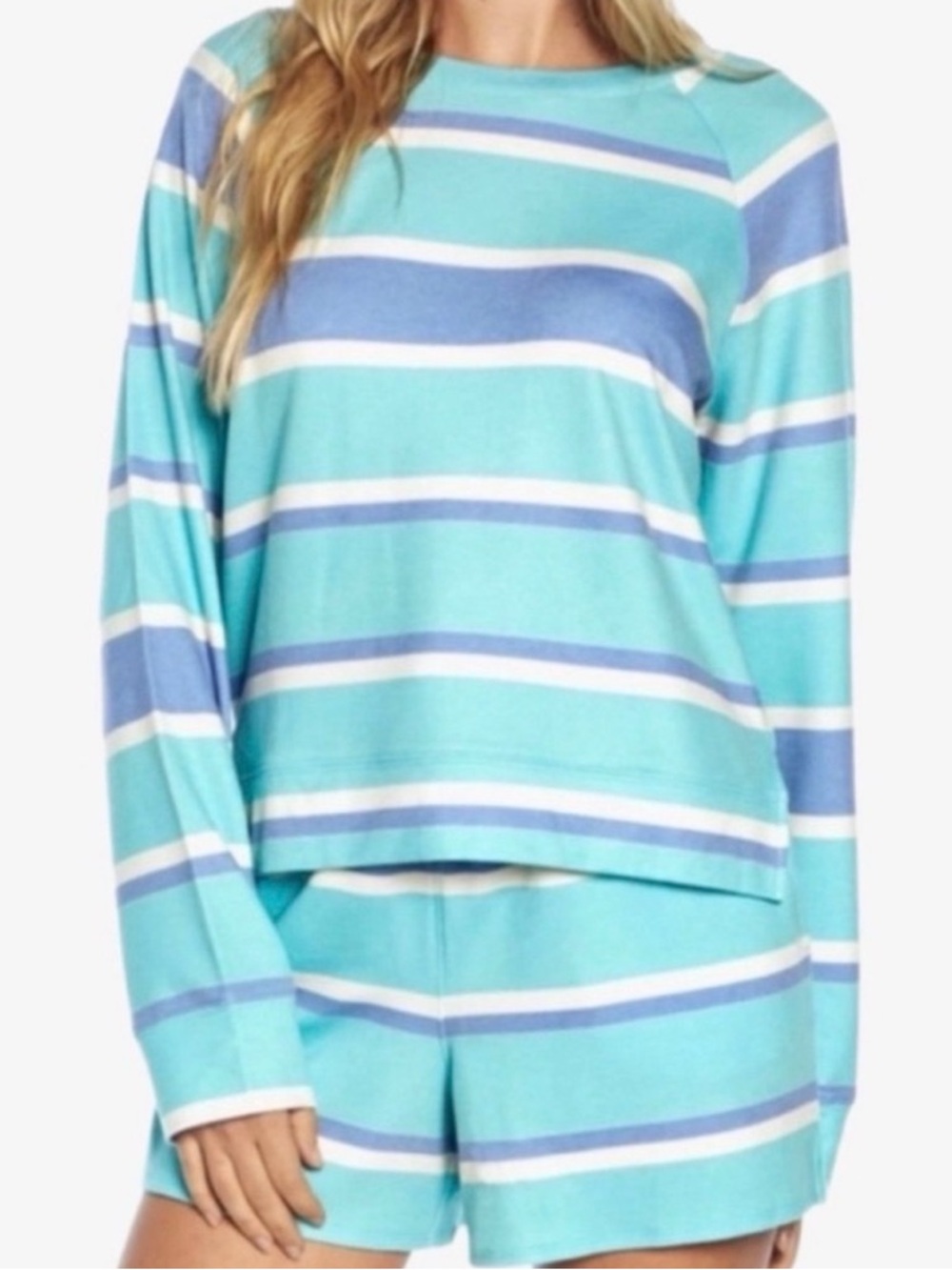 Wildfox Blue Purple Striped Long Sleeve Boxy Fit Popover Sweatshirt Medium
